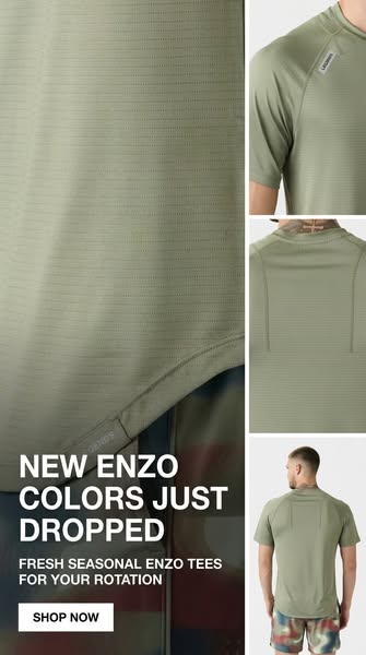 This image ad showcases the latest Enzo colors from Legends. Several views of the shirt are displayed with promotional t