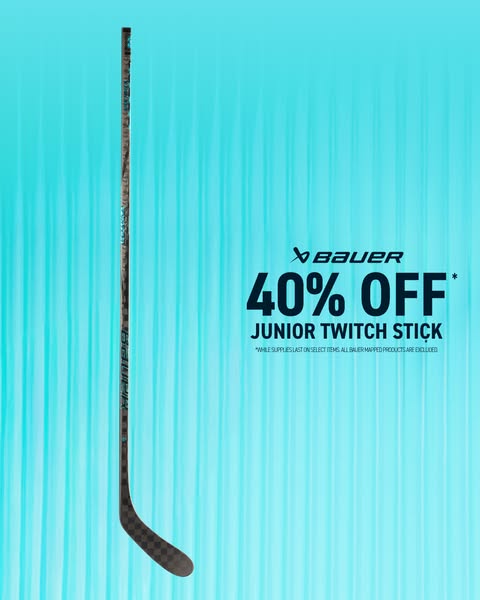 This image ad features a Bauer hockey stick on sale. The ad displays an aqua-colored background with an ice hockey stick