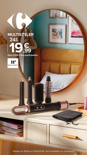 This image ad for Nalkerey Multistyler showcases the product on a vanity with warm lighting and neutral tones, emphasizi