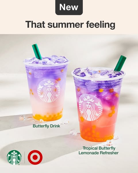 An image showcasing the Starbucks Butterfly Drink and Tropical Butterfly Lemonade Refresher, emphasizing their refreshin