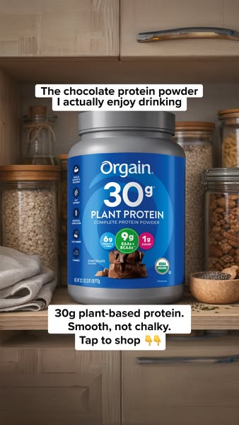 This ad features Orgain plant-based chocolate protein powder in a kitchen setting. The text emphasizes that it tastes go