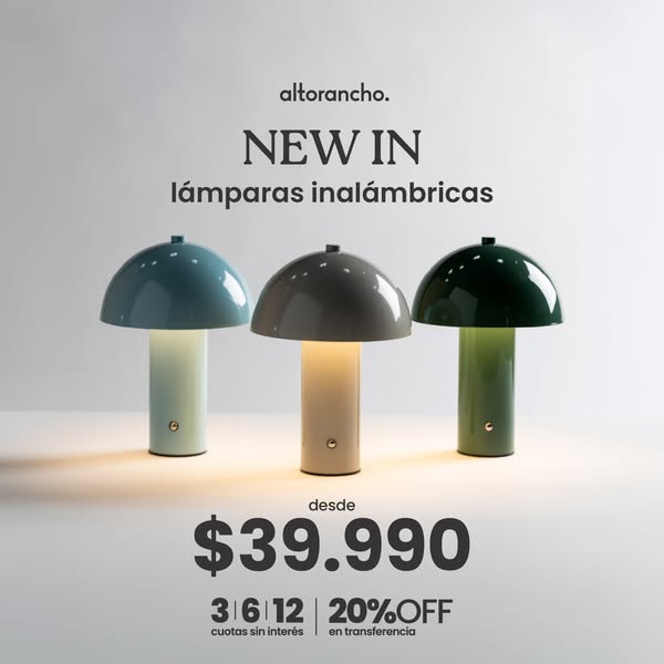 This ad showcases Altorancho's new in wireless lamps. The ad includes three different colored lamps, the price and p