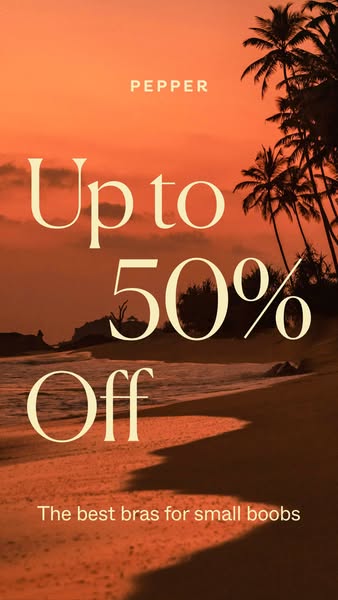 This ad for Pepper features a view of a sandy beach with palm trees against a warm orange and peach sky. The ad offers a