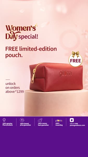 This ad promotes a limited-edition pouch from Plum as a free gift with orders above ₹1299 for Women's Day. The ad hi