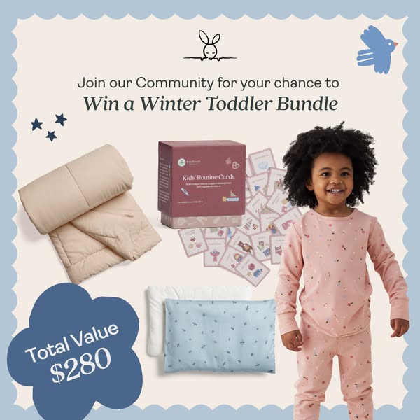 The ad promotes a giveaway for a winter toddler bundle. The image shows a collection of toddler-related products includi