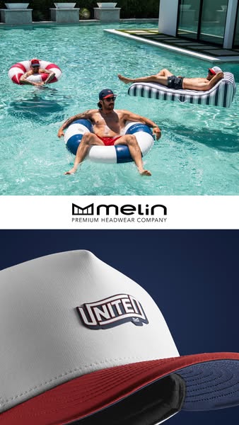 This image ad showcases Melin hats in a luxurious poolside setting. The ad features multiple men lounging in a pool wear