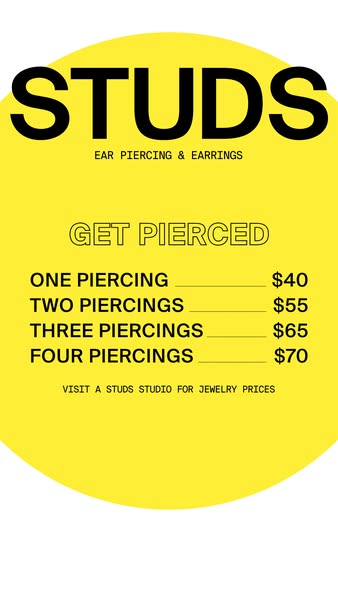 This ad showcases Studs, a company specializing in ear piercings and earrings. It features a bright yellow background an