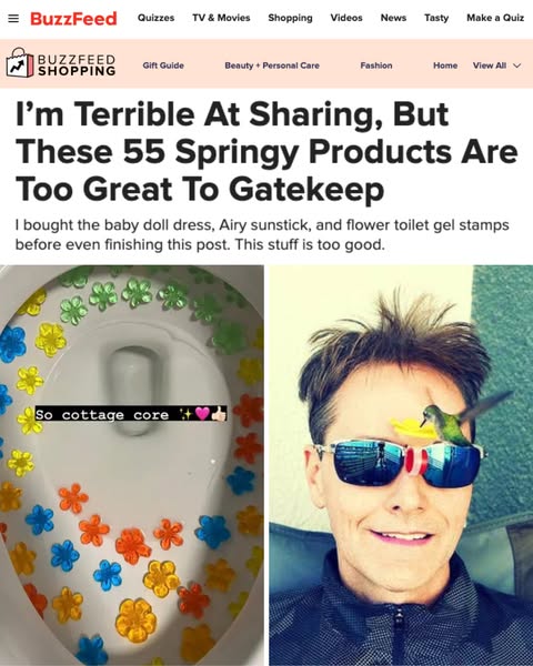 The image is a split-screen featuring a Buzzfeed article headline, a toilet decorated with flower-shaped gel stamps, and