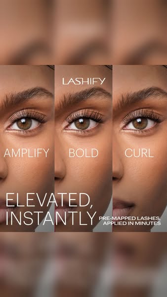 This ad showcases the Lashify system and promotes its ease of use and immediate visual impact. The ad uses a split-scree