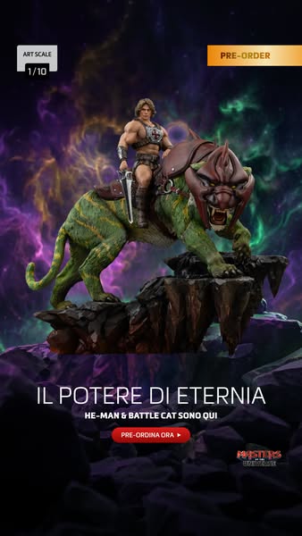 This image ad promotes a pre-order for an art scale statue of He-Man and Battle Cat from Masters of the Universe.