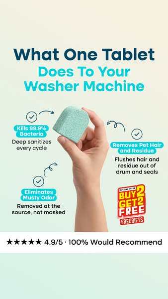 The image ad shows a woman's hand holding a washing machine cleaning tablet. The ad highlights the benefits of using