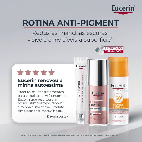This ad for Eucerin anti-pigment products features three products and a five-star testimonial from a customer who says t
