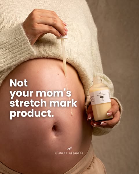 This ad features a pregnant person applying a serum to their belly, and calls out the stretch mark product as a differen