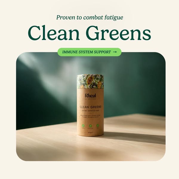 This image ad promotes Rheal's Clean Greens product, emphasizing its ability to combat fatigue and support the immun