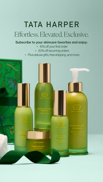 This ad showcases Tata Harper skincare products with a focus on natural ingredients and luxury. It highlights subscripti