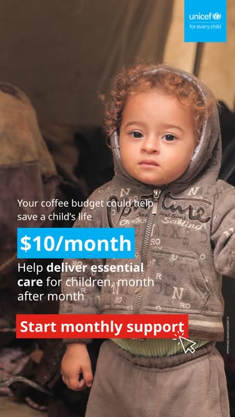This image ad for UNICEF aims to persuade viewers to donate on a monthly basis to help deliver essential care for childr