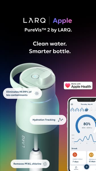 This ad promotes the LARQ PureVis™ 2 water bottle, highlighting its ability to purify water by eliminating 99.99% of bio