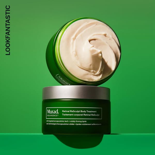 This image ad showcases Murad's Retinal ReSculpt Body Treatment, emphasizing its firming properties. It features two