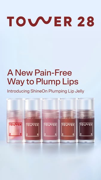 This ad promotes Tower28's ShineOn Plumping Lip Jelly as a new and pain-free way to plump lips. The visual features 