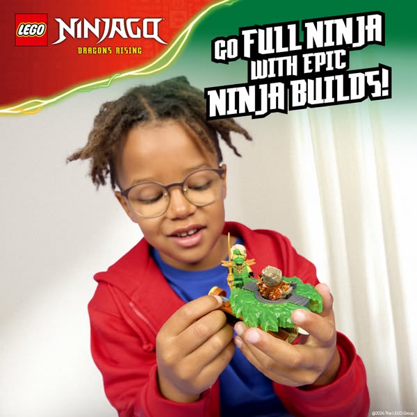 An image ad featuring a child playing with a LEGO Ninjago set, highlighting the new Dragons Rising series and encouragin