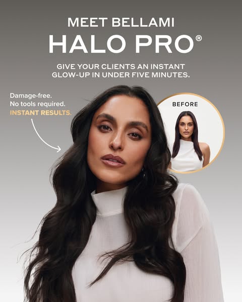 This ad is for Bellami Halo Pro hair extensions. It features a woman with long, wavy hair wearing the hair extensions an