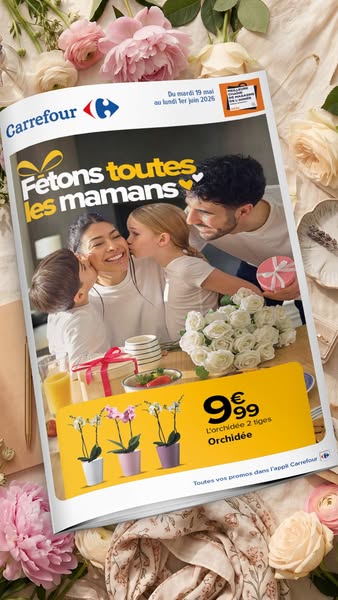This ad celebrates moms for Mother's Day, featuring a family of three and promoting orchids for sale for 9.99 euros.