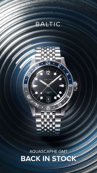 This ad showcases the Baltic Aquascaphe GMT watch with a background featuring concentric circles to draw the viewer'