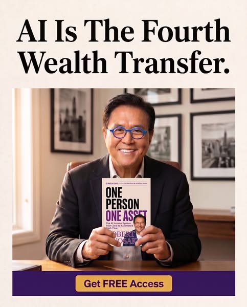 This image ad features a well-known author, Robert Kiyosaki, holding one of his books and claims the AI is the fourth we