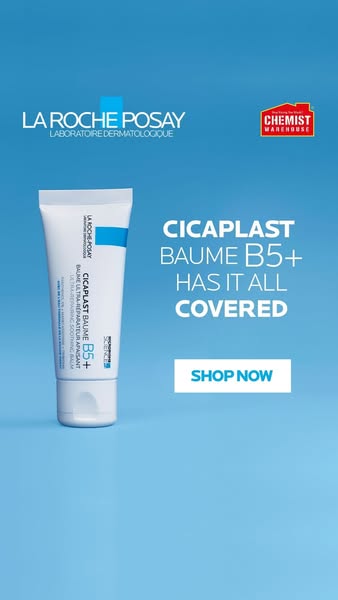 A static image ad for La Roche-Posay Cicaplast Baume B5+ balm. The ad emphasizes the balm's comprehensive coverage a