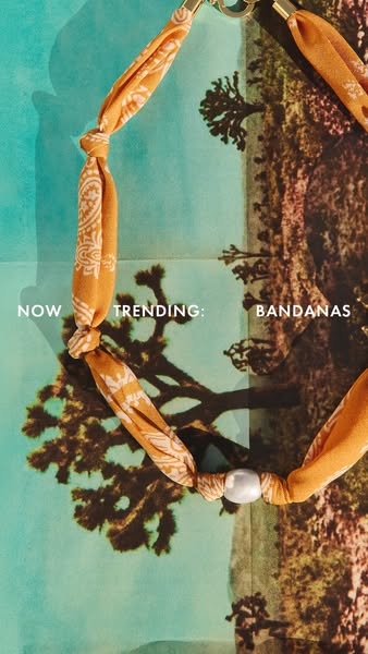 This ad features a bandana styled as a necklace against an outdoor background. The ad highlights that bandanas are trend
