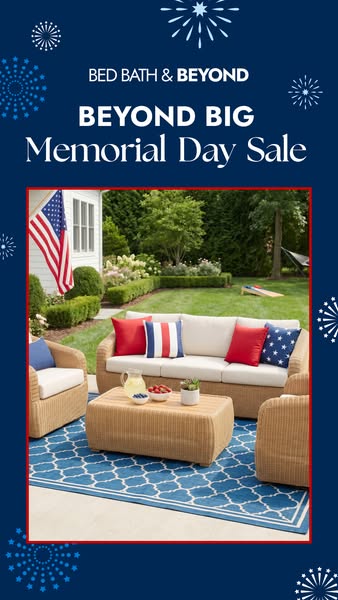This Bed Bath & Beyond image ad promotes a big Memorial Day Sale. It features a photo of outdoor furniture on a blue