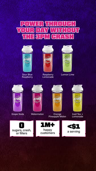 This ad for G Fuel features a variety of flavors. It is designed to make the brand appear relatable to a younger audienc