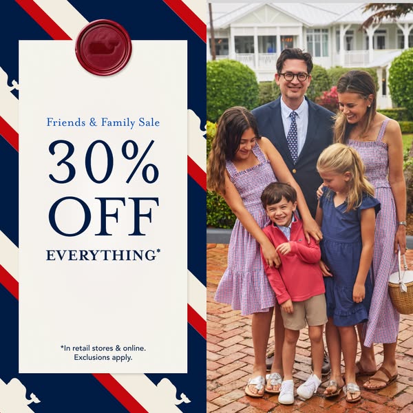 This image ad promotes a Friends & Family sale at Vineyard Vines, offering 30% off everything. It features an image