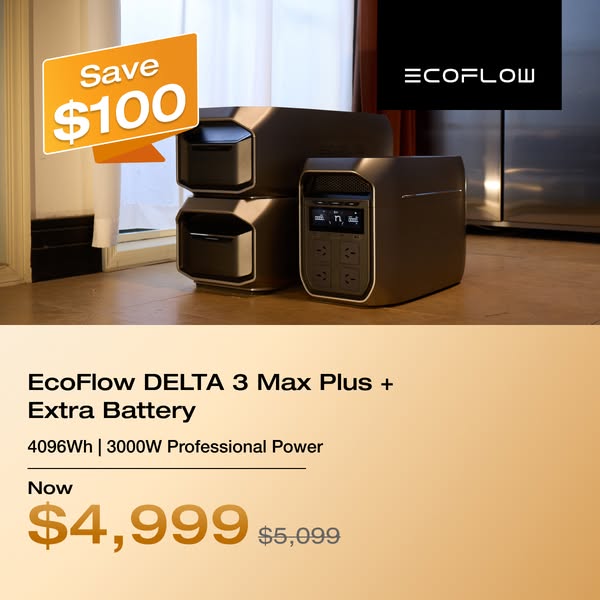 This ad promotes the EcoFlow DELTA 3 Max Plus + Extra Battery, highlighting its professional power and discounted price.