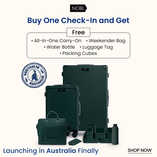 This ad promotes a luggage brand, NOBL, which is launching in Australia. The ad features a 'buy one, get one free