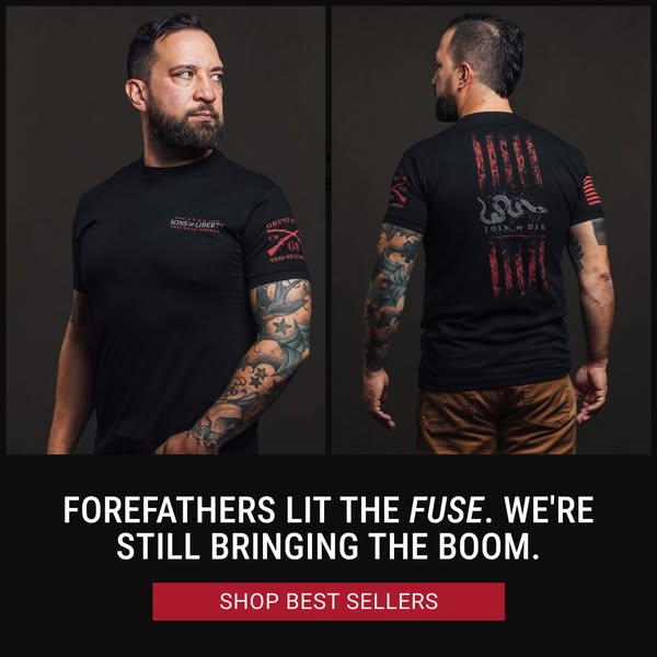 This ad features two men wearing black t-shirts, one with a design on the front and the other with a design on the back,