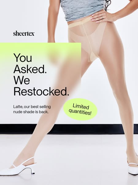 This image ad for Sheertex features a model wearing Sheertex pantyhose. The ad focuses on the restock of their best-sell