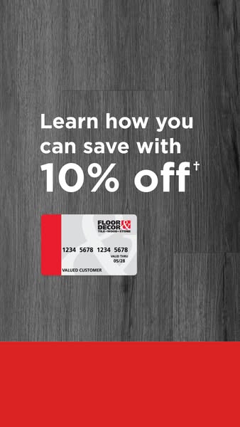 This image ad promotes a 10% discount at Floor & Decor. The ad features a Floor & Decor credit card against a wo