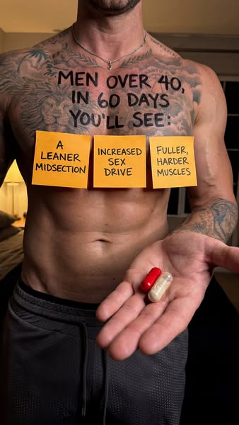 An image ad featuring a man's torso with abs. Three sticky notes cover his upper abdomen, highlighting the benefits 