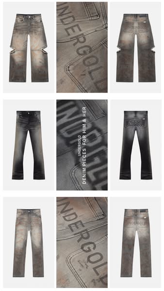 This ad shows a grid of images featuring different UNDERGOLD denim pieces, with close-ups highlighting the brand's l
