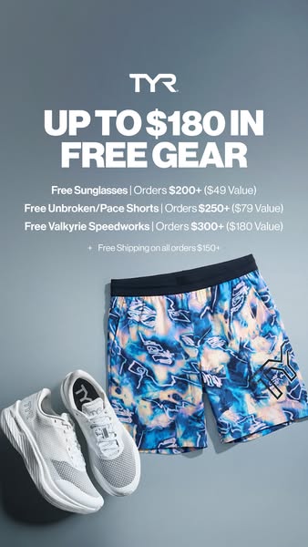 This ad promotes TYR brand athletic wear, highlighting an offer of free gear based on order value, along with free shipp
