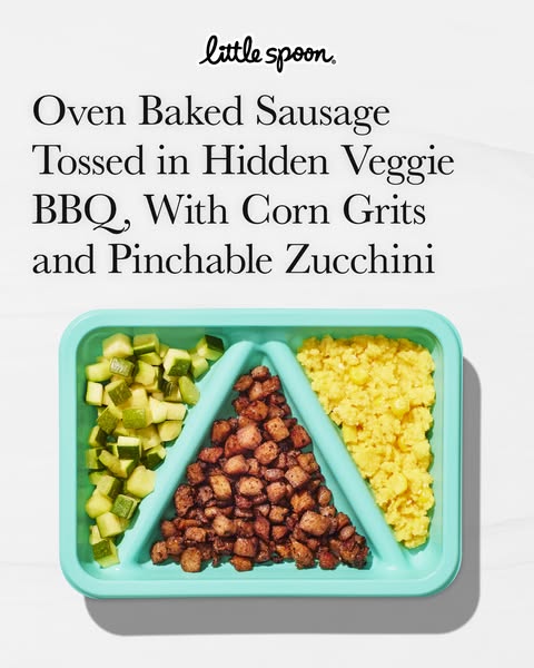 Image promoting Little Spoon's Oven Baked Sausage meal, featuring hidden veggies, corn grits, and zucchini for child