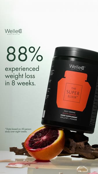 This image ad promotes WelleCo's The Super Elixir Daily Greens food supplement. The ad highlights a study in which 8