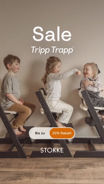 This image ad showcases the Tripp Trapp high chair and advertises a sale. The image features three young children sittin