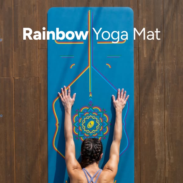 This ad features a woman using a rainbow yoga mat, emphasizing the colorful design and appealing to those interested in 