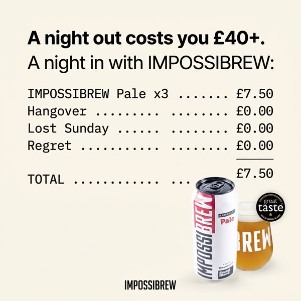 This ad promotes IMPOSSIBREW as a cost-effective alternative to a night out, contrasting the price of their three-pack w
