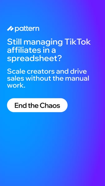 This ad highlights the inefficiency of managing TikTok affiliates in a spreadsheet and offers Pattern as a solution. It 