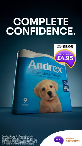 This image ad showcases Andrex Complete Clean toilet paper with a cute puppy on the packaging. The ad highlights a promo