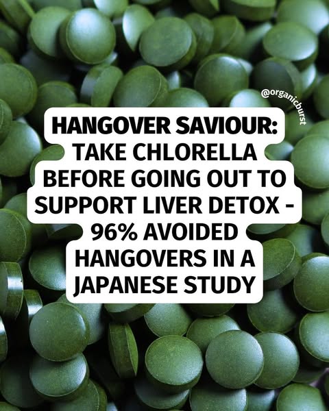 This ad promotes chlorella as a supplement to prevent hangovers. It features an image of green chlorella tablets and tex