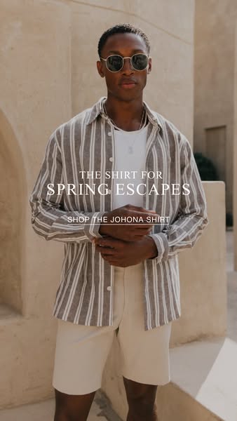 This ad showcases a man wearing a striped button-down shirt, named the Johona shirt, over a white t-shirt with a pair of